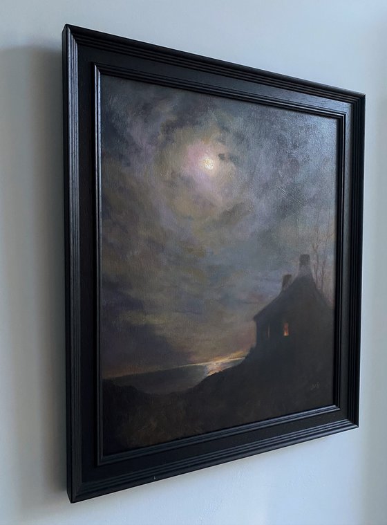 Tonalist Oil painting Landscape with Moon and Cottage, Framed.