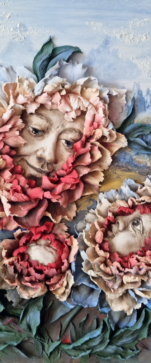 Madonna and Children / bas-relief with fantasy mother portrait and peonies flowers by Irina Stepanova