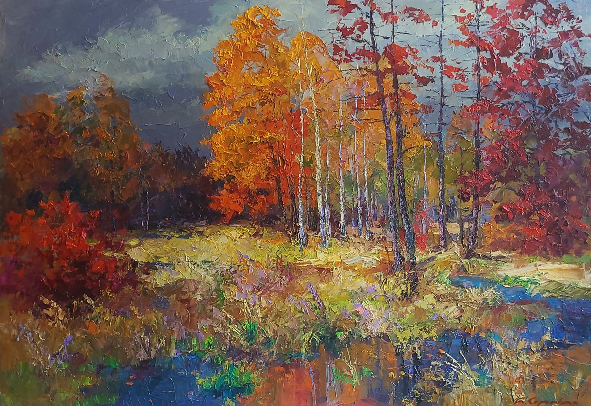Impressionistic Landscape Oil Painting By Boris Serdyuk, 39 X 28, Autumn Forest, Original Artwork