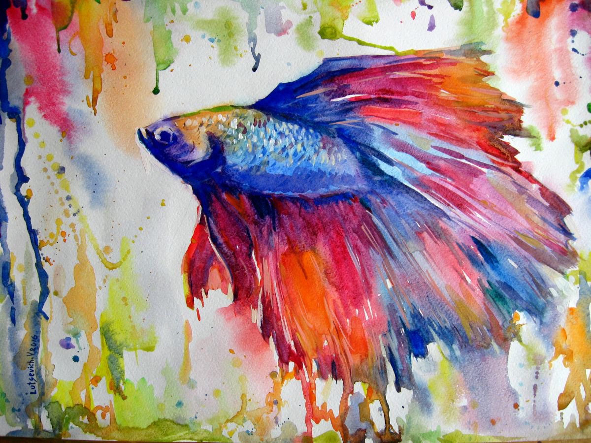 Abstract Animal Watercolour By Vladimir Lutsevich, 17 X 12", Fish Royal Cock, Original Artwork
