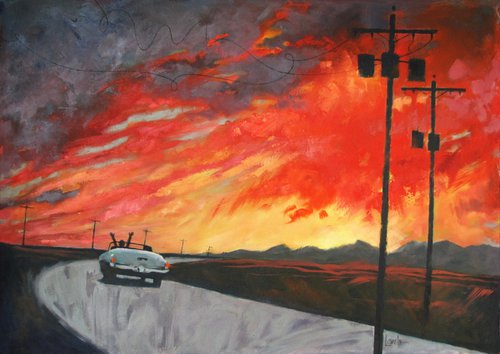 Sunset, telephone poles, vintage car, red, orange by Sandra Lamb