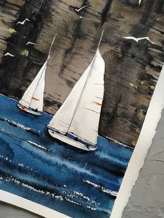 Sailboat painting. Seascape