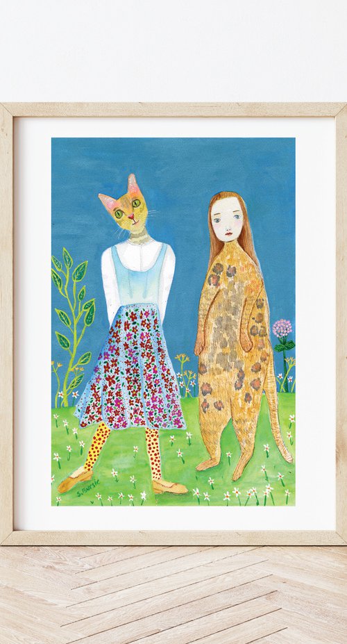 The Girl and the Cat - Quirky Funny Artwork by Sharyn Bursic