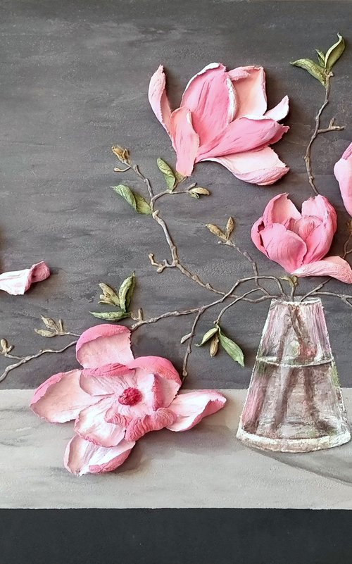 Pink Magnolia on a gray background. Relief still life with a branch of large flowers in a glass vase. Spring blooming by Irina Stepanova