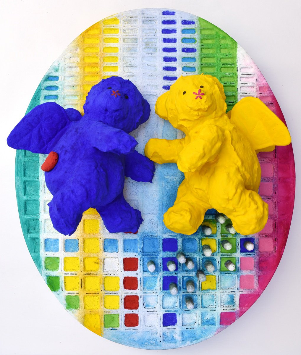 Urban And Pop Abstract Sculpture By Milena Nicosia, 17 X 21", Teddy Bears N.3, Original Artwork