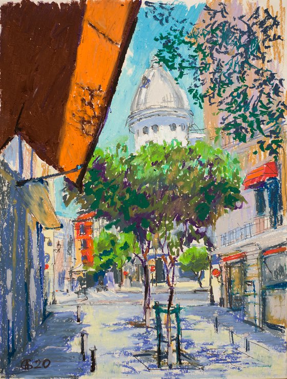 Madrid street view. Oil pastel painting. Small impressionistic colorful sunny home interior decor spain urban