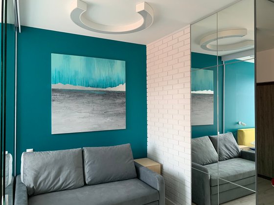 "Lake" Abstract teal blue silver acrylic art