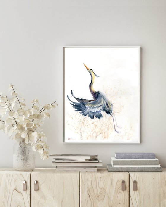 Flying Heron  -  Original Watercolor Painting