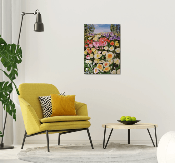 SUMMER DAY WHITE PINK YELLOW PURPLE  ROSES in a Greenwich rose garden palette  knife modern office home decor gift