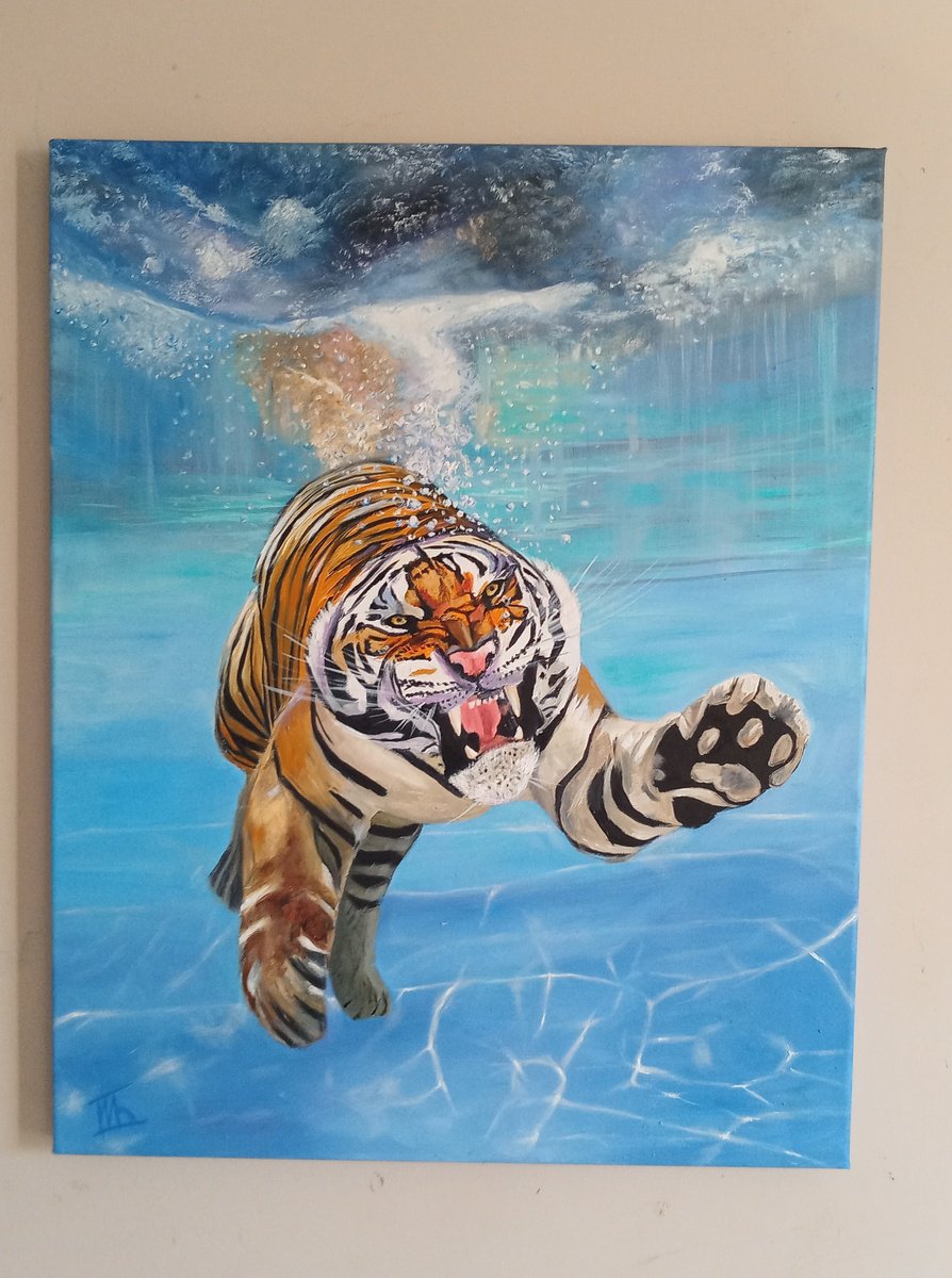 Photorealistic Animal Oil Painting By Ira Whittaker, 16 X 20, Splash Of The Tiger, Original Artwork