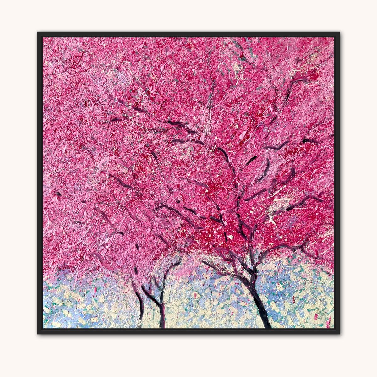 Impressionistic Landscape Oil Painting By Volodymyr Smoliak, 22 X 22", Pink Blossom, Original Artwork
