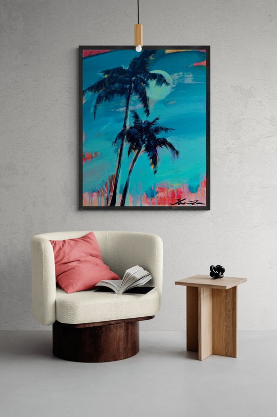 Expressionist painting - "Pink sun rays" - Pop Art - palms and sea - night seascape - 2022