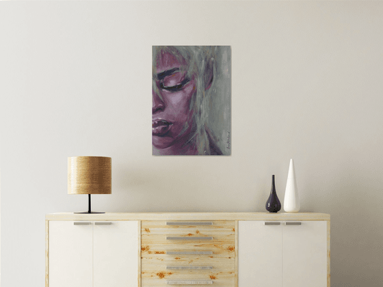 Young Empowered Woman Portrait in calm purple, grey and pink