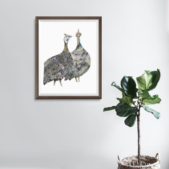 Guinea Fowl Birds, watercolor illustration