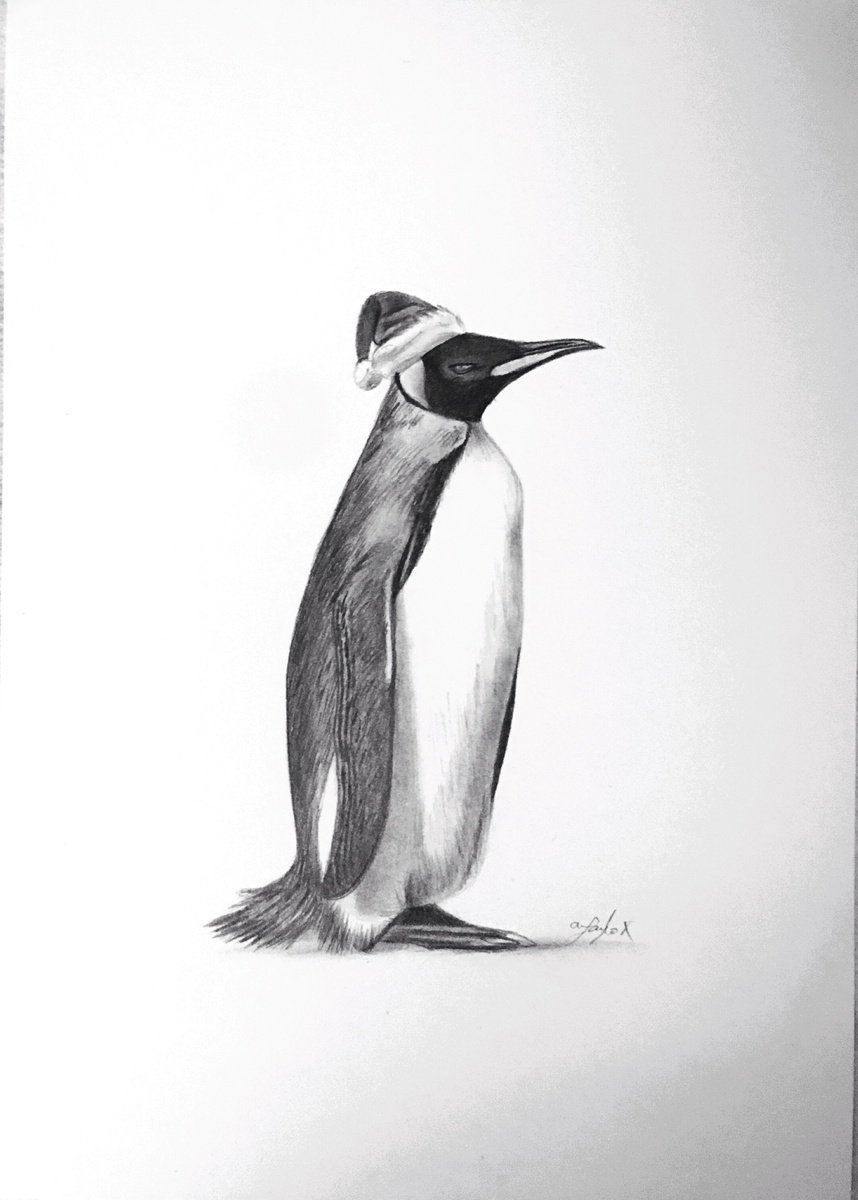 Photorealistic Animal Pencil Drawing By Amelia Taylor, 8 X 12, Santa Penguin, Original Artwork
