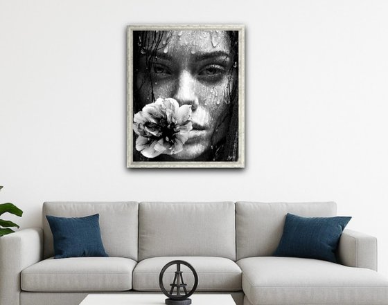 Girl with Flower in the Rain