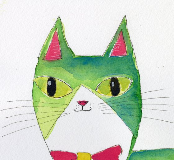 Green Cat Watercolour Whimsical Naive Sitting Cat