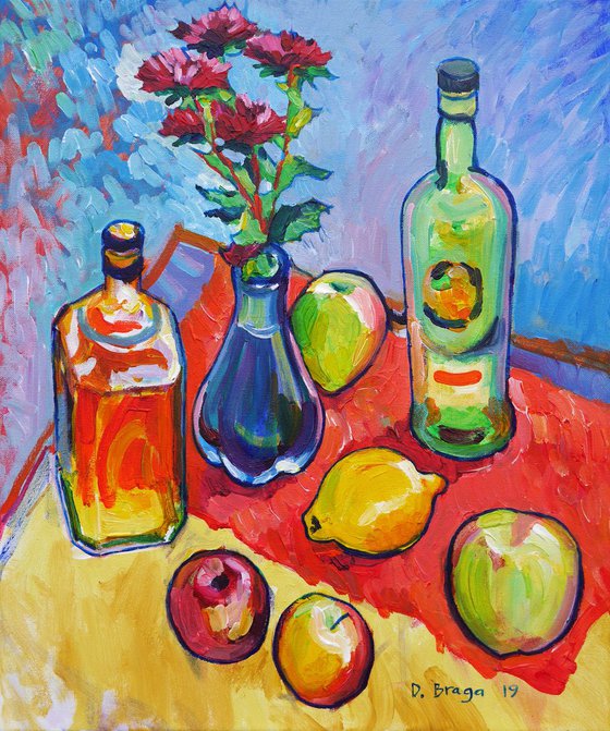 Still life with bottles and fruits
