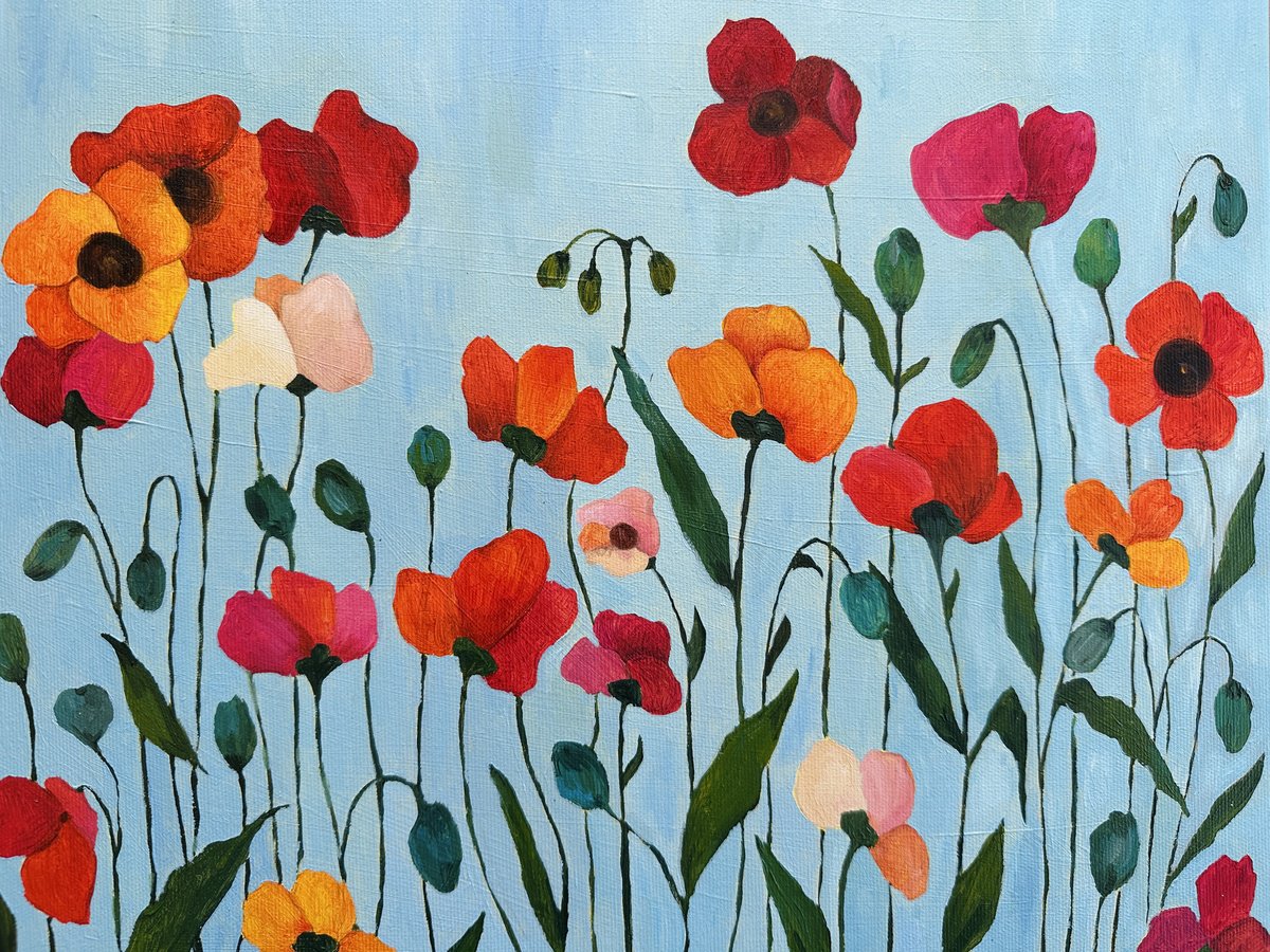 Impressionistic Botanical Oil Painting By Irina Anis, 16 X 13, Poppies On Blue, Original Artwork