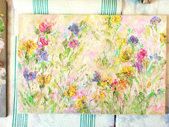 Positive Floral Painting Original Abstract Flower Meadow Canvas Art Expressive Impasto 8 by 12"