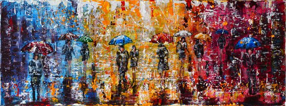 Umbrellas City- Long Deep Edge Canvas Ready to Hang, Palette knife, City