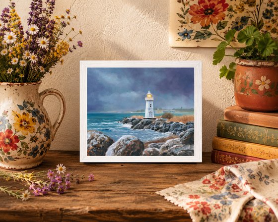 Lighthouse in blue-gray sky