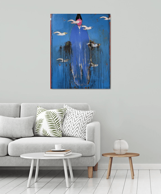 Silent Ascension – Blue Figure with Birds