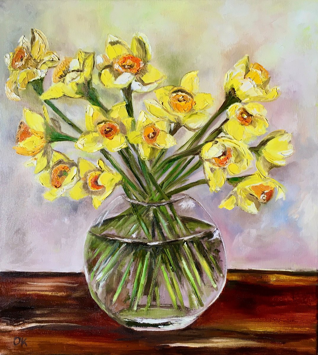 Bouquet of Daffodils #5 on wooden table, still life inspired by spring in a glass. by Olga Koval