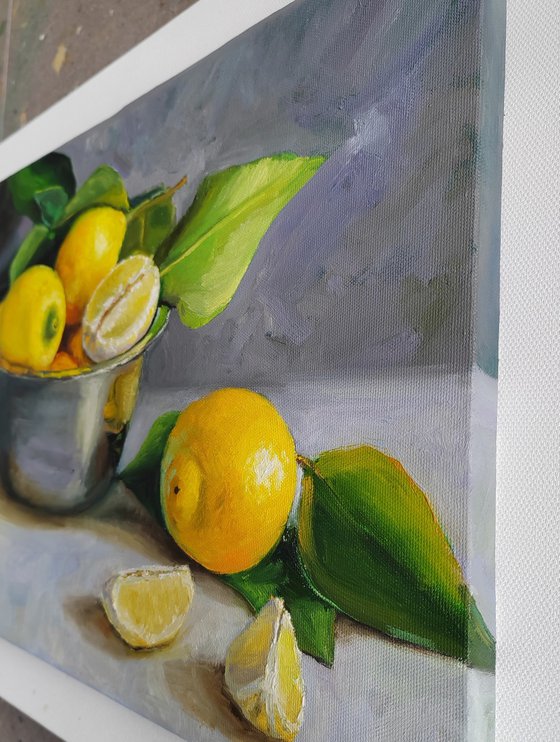 Lemon fruit slices in metal bowl oil painting still life