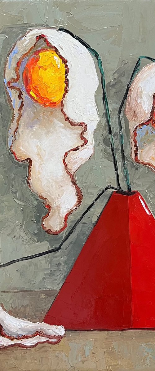 Egg flowers in red vase by Ta Byrne