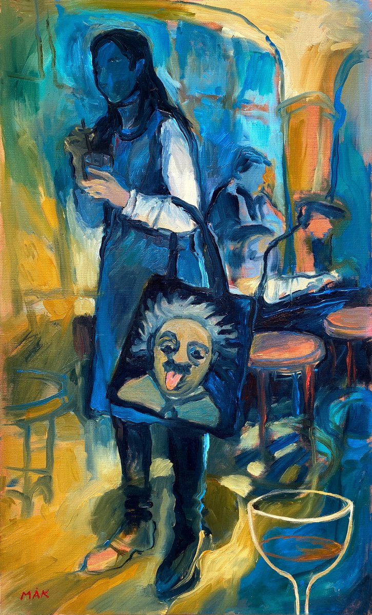 I MET A GENIUS IN THE BAR - sky blue medium small wall art with a girl and Albert Einstein by Irene Makarova