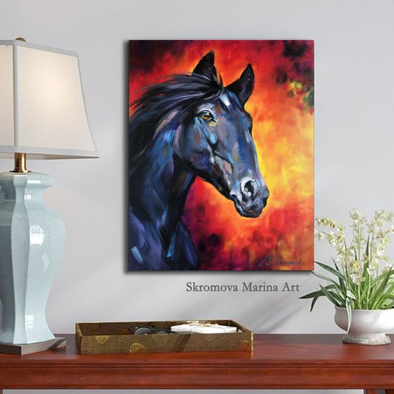 FIRE HORSE - Stallion. Noble animal. Black horse. Trotter. Running horse. Abstract background. Force. Loyalty. Endurance.