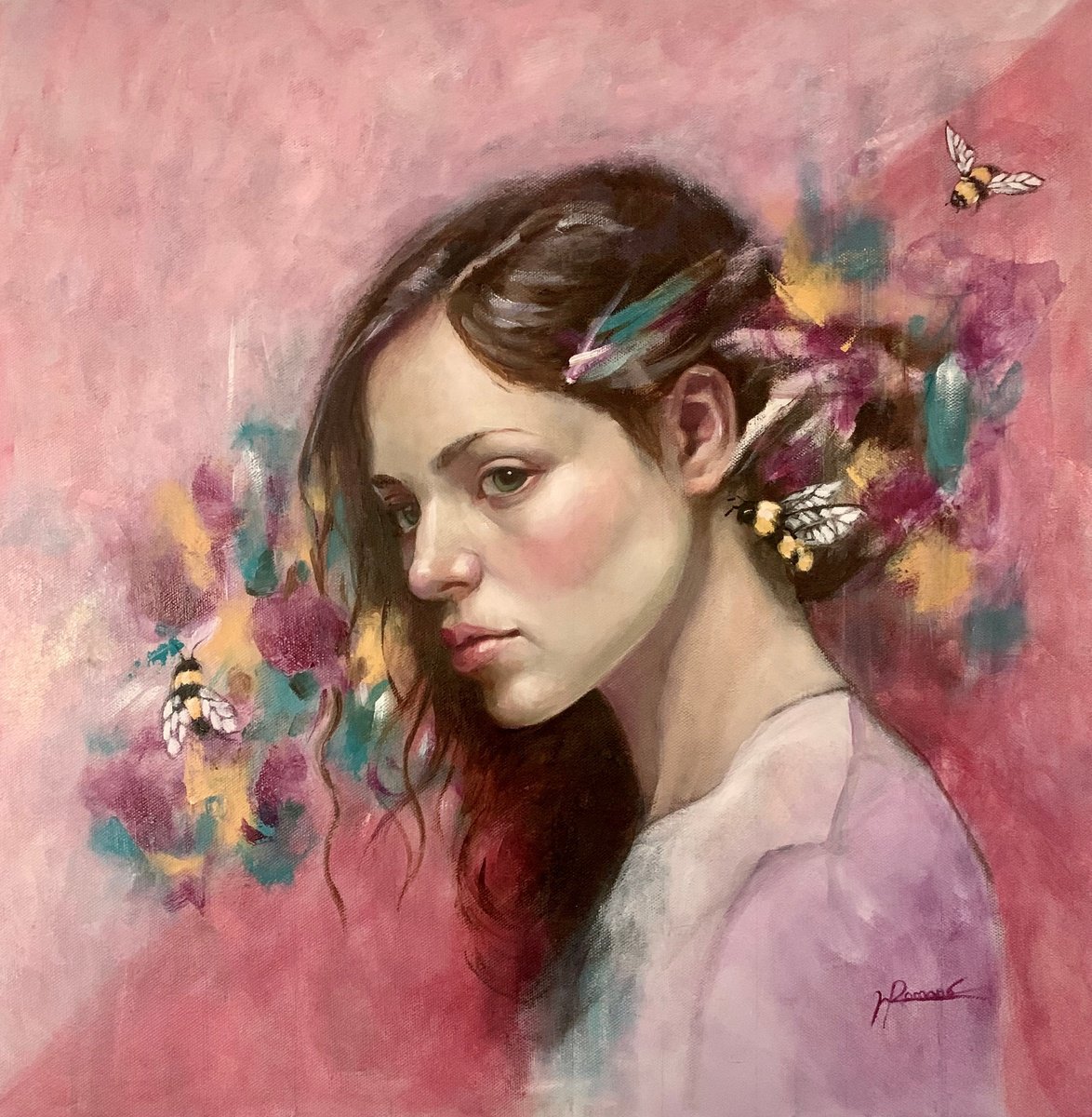 Expressive Portrait Oil Painting By Maria Romano, 20 X 20", Restless Bloom, Original Artwork
