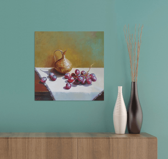 "Still life with grapes and an old brass jug." still life grapes old brass jug summer  liGHt original painting  GIFT (2020)