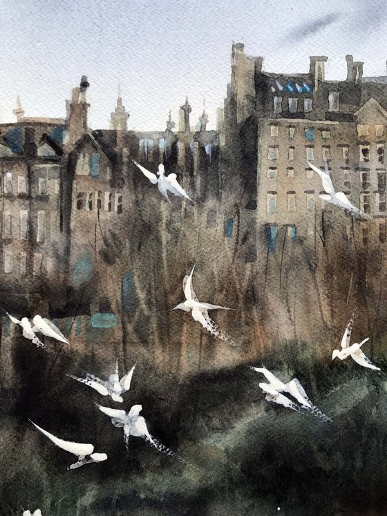 Birds of Edinburgh. One of a kind, original painting, handmad work, gift, watercolour art.