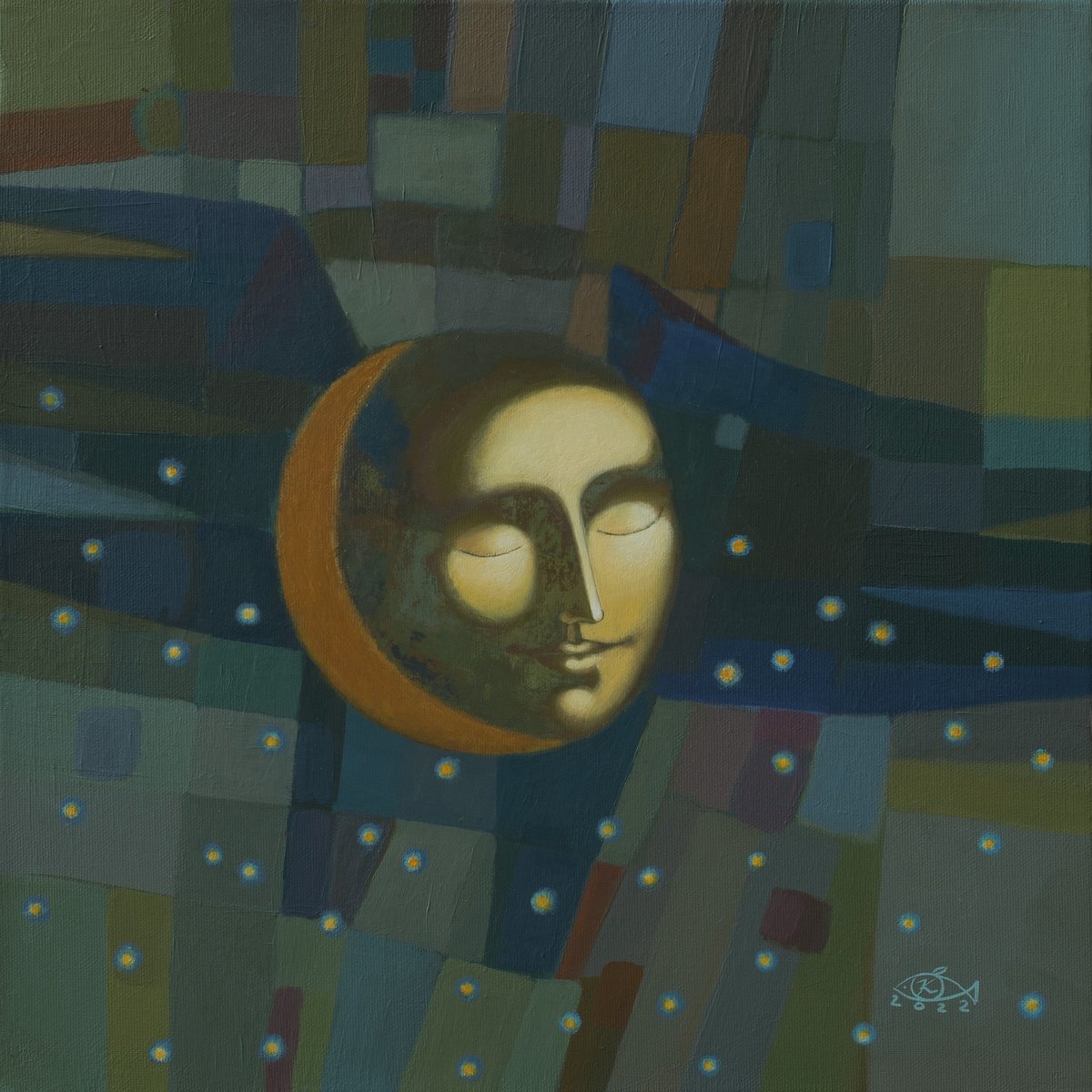 Surrealistic Abstract Acrylic Painting By Katsiaryna Ozdemir, 16 X 16", Night, Original Artwork