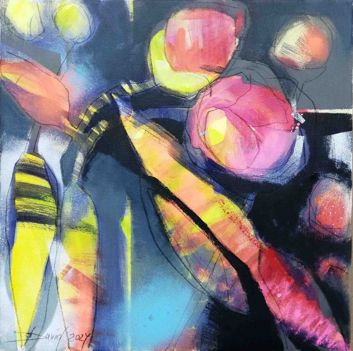 Expressive Botanical Painting By Olga David, 16 X 16", Pink-Yellow Peonies Modern Art, Original Artwork