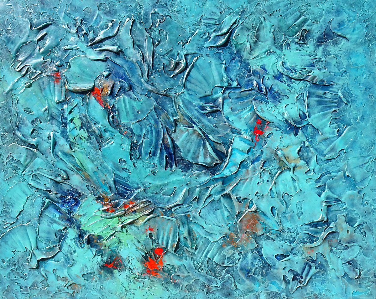 UNBELIEVABLE SUMMER. Abstract Blue, Teal, Turquoise Textured Coastal Large Painting by Sveta Osborne