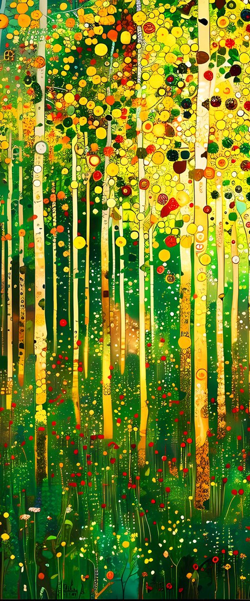 Abstract green forest, yellow red flowers with light reflections and bright sunbeams in Klimt style. Positive colorful wall art for home decor by BAST