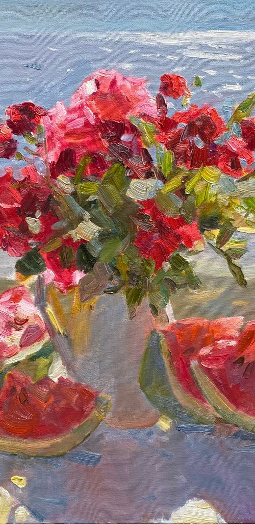 Red roses, watermelon and sea view by Nataliia Nosyk