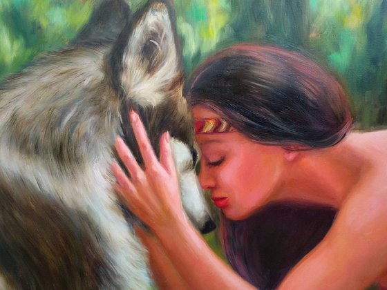 Portrait Woman and Wolf Friends Wildlife Dog lovers Twin Souls