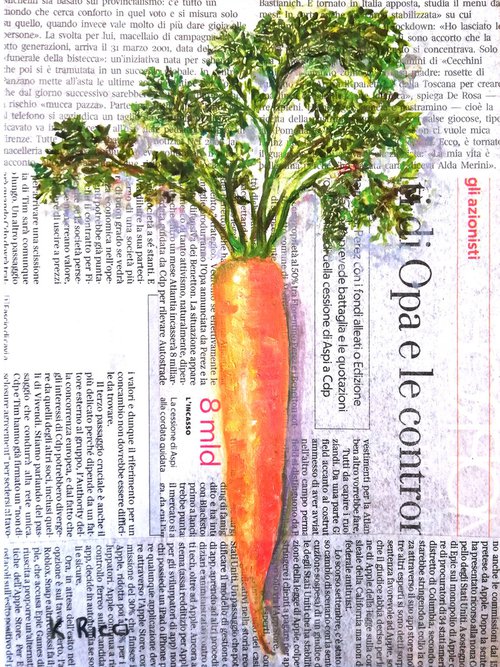 "A Carrot on Newspaper" Original Oil on Canvas Board Painting 7 by 10 inches (18x24 cm) by Katia Ricci