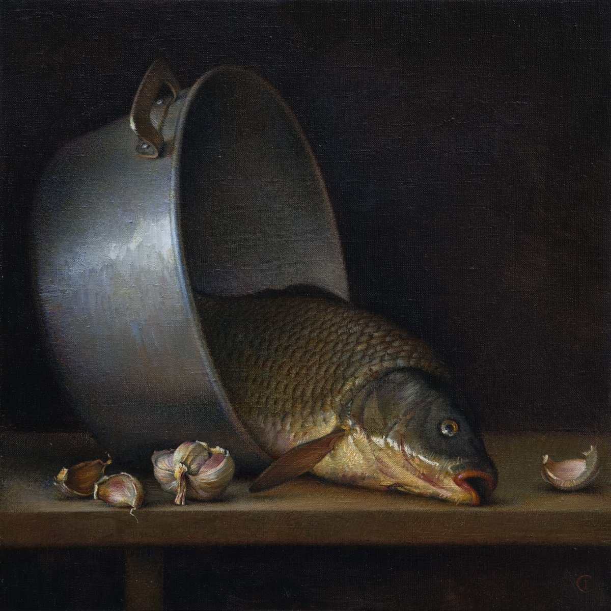 Impressionistic Still Life Oil Painting By Igor Sventitski, 18 X 18, Fish With Garlic, Original Artwork