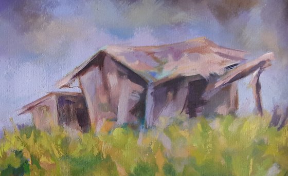 Once there was a cottage, green landscape art