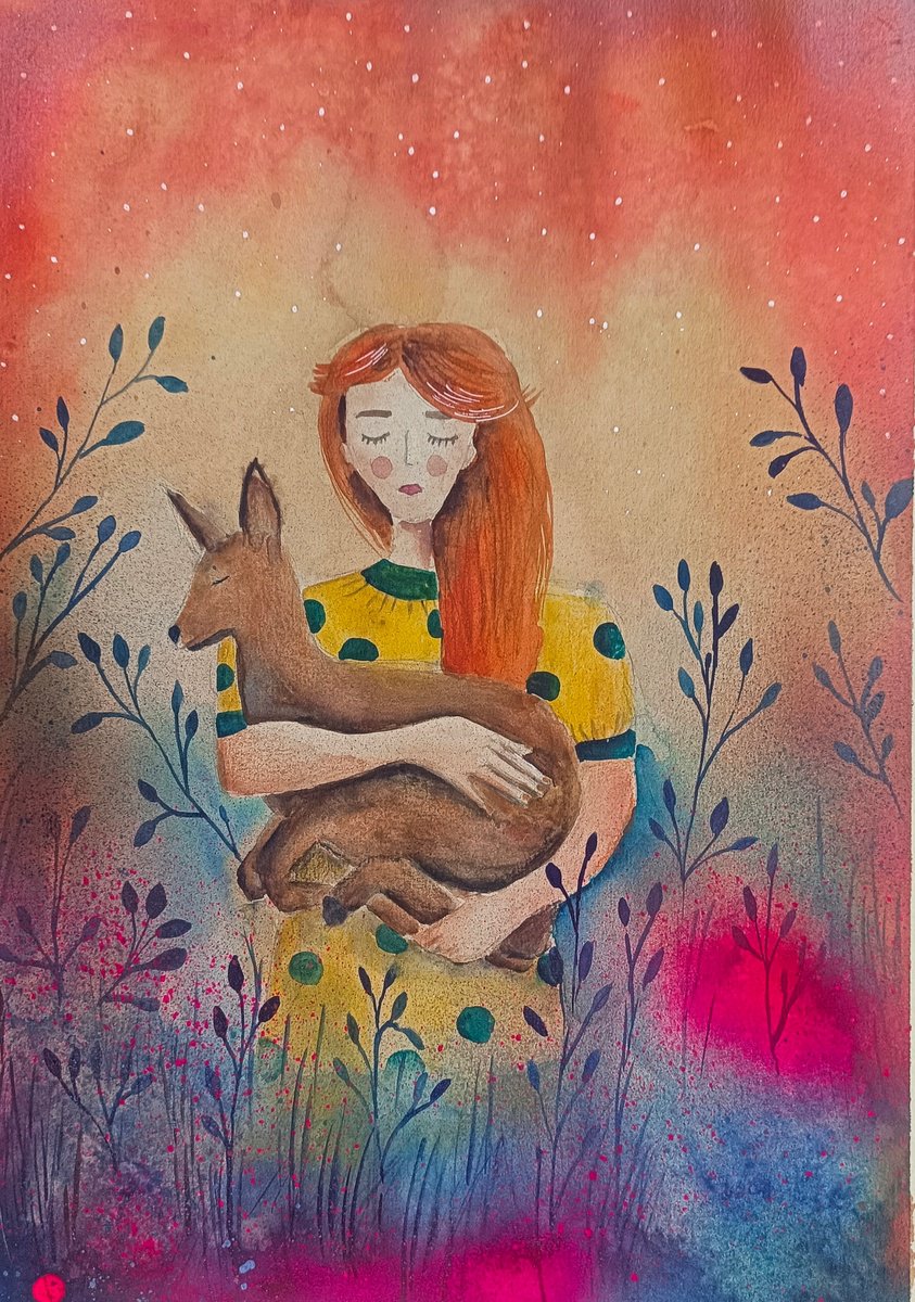 Illustrative Portrait Watercolour By Evgenia Smirnova, 12 X 17, With A Deer, Original Artwork