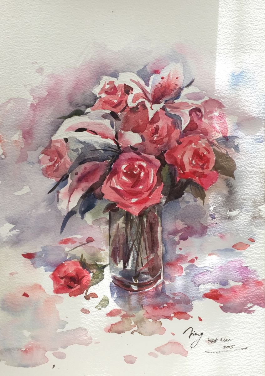 Impressionistic Botanical Watercolour By Jing Chen, 12 X 17, Vase Of Roses 7, Original Artwork