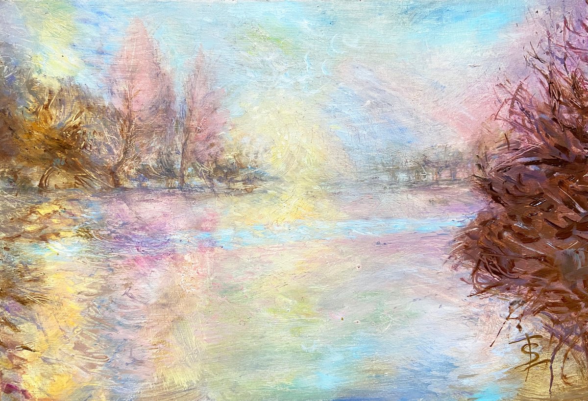 Impressionistic Landscape Oil Painting By Elvira Sesenina, 10 X 7, Foggy Morning, Original Artwork