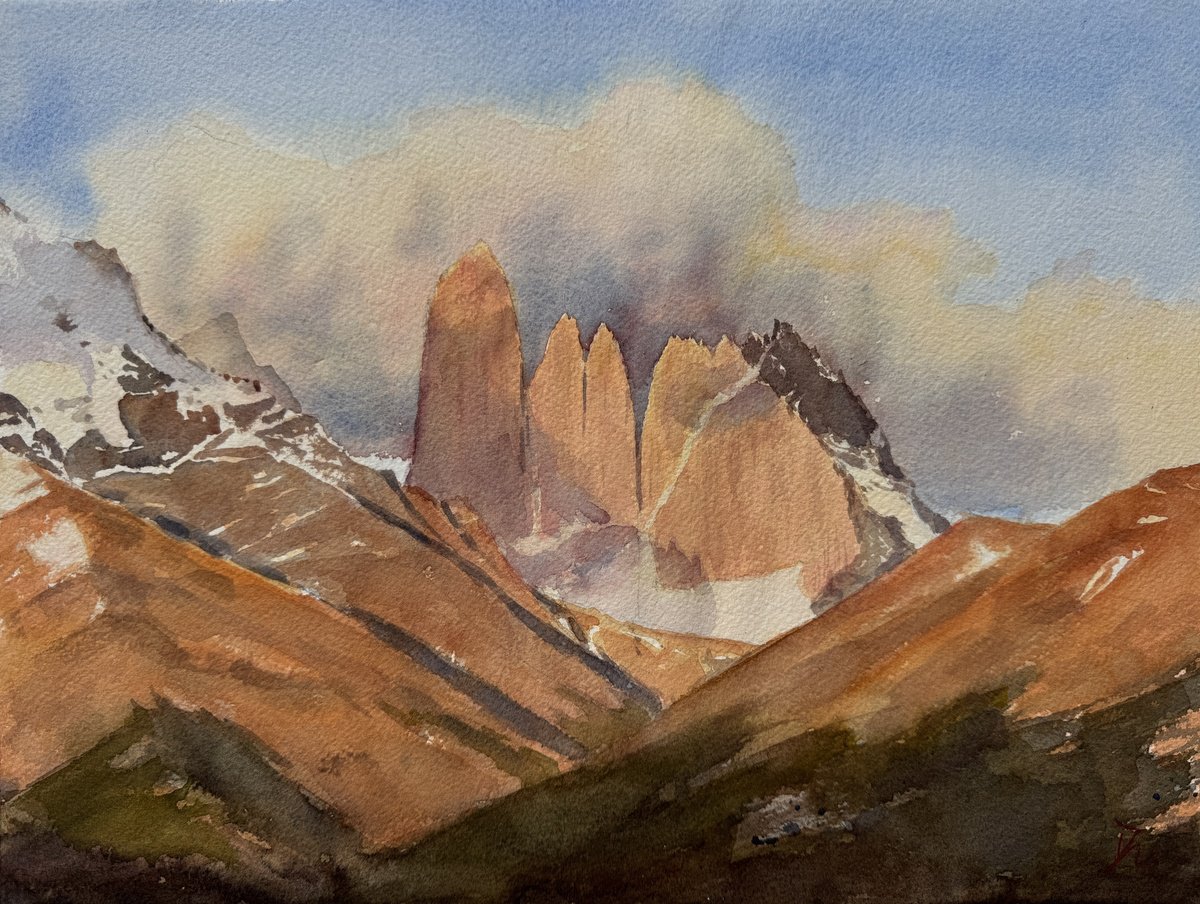Impressionistic Landscape Watercolour By Shelly Du, 16 X 12", Patagonia Sunrise, Original Artwork