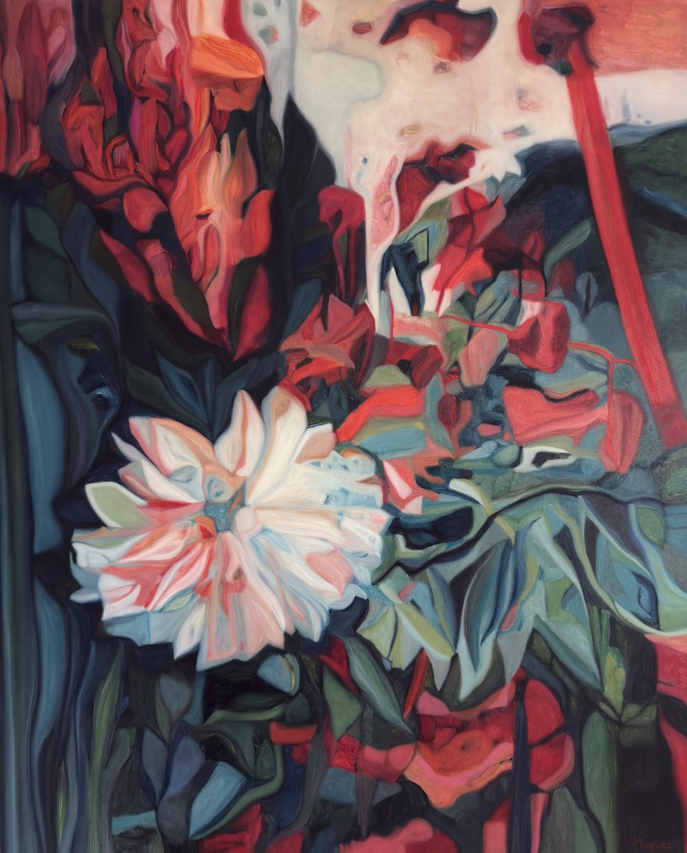 Organic Botanical Oil Painting By Nathalie Maquet, 32 X 39", Bouquet 41, Original Artwork