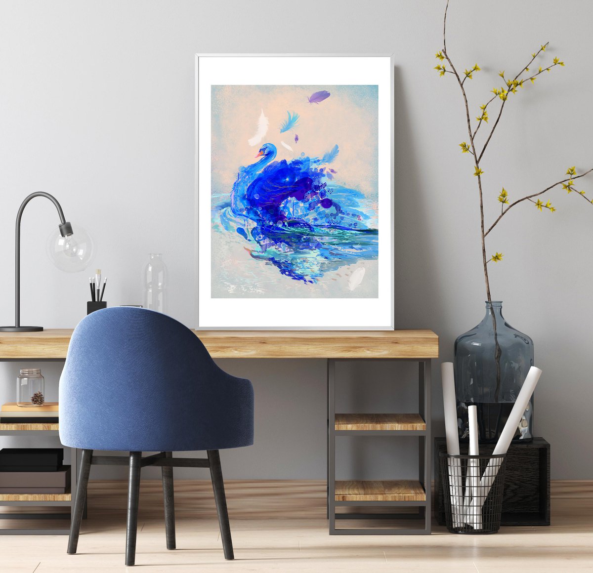 Blue Swan - Digital Art, Limited Edition (Framed) by Milena Gaytandzhieva